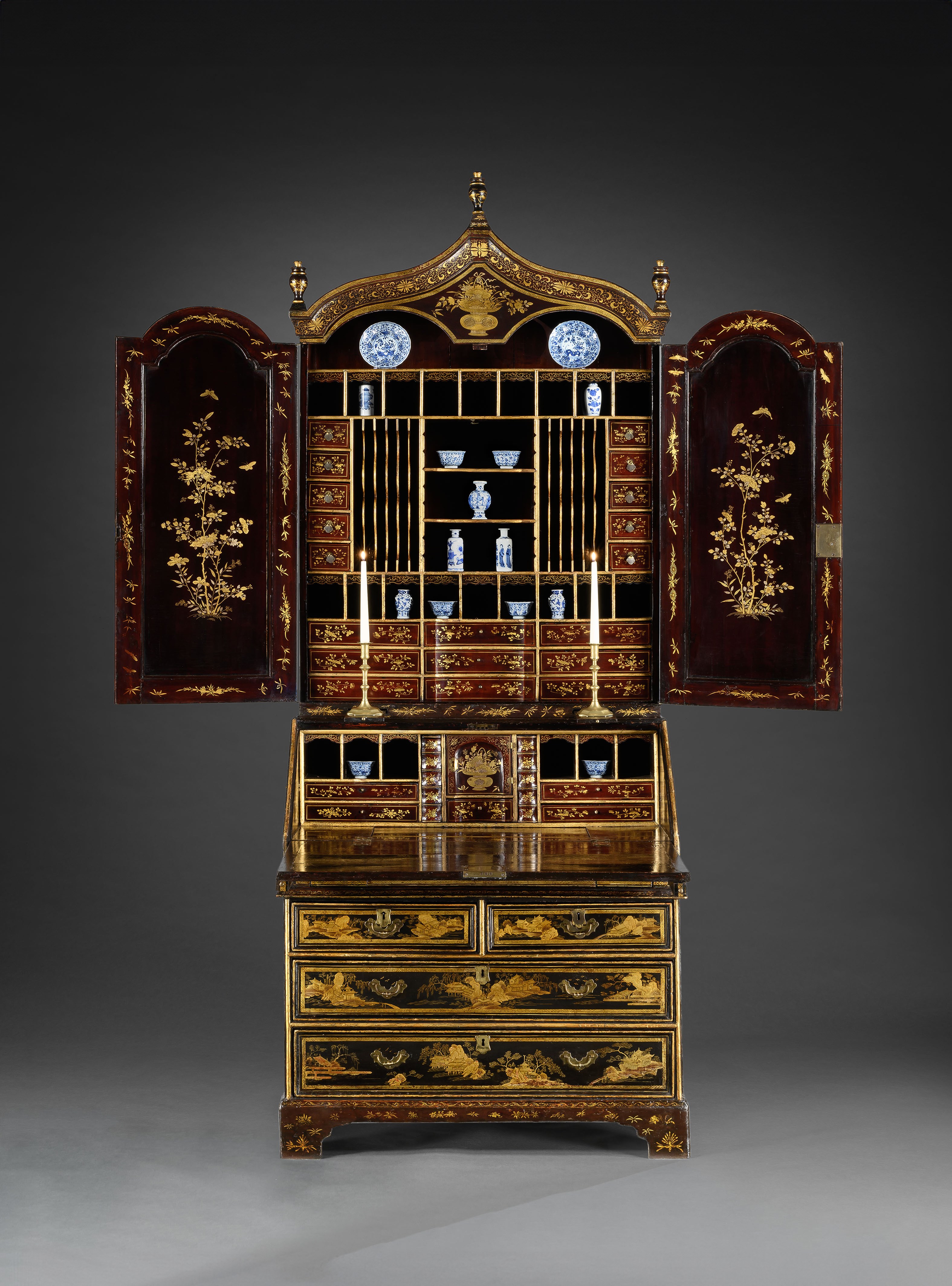 A GEORGE II PERIOD LACQUER BUREAU CABINET